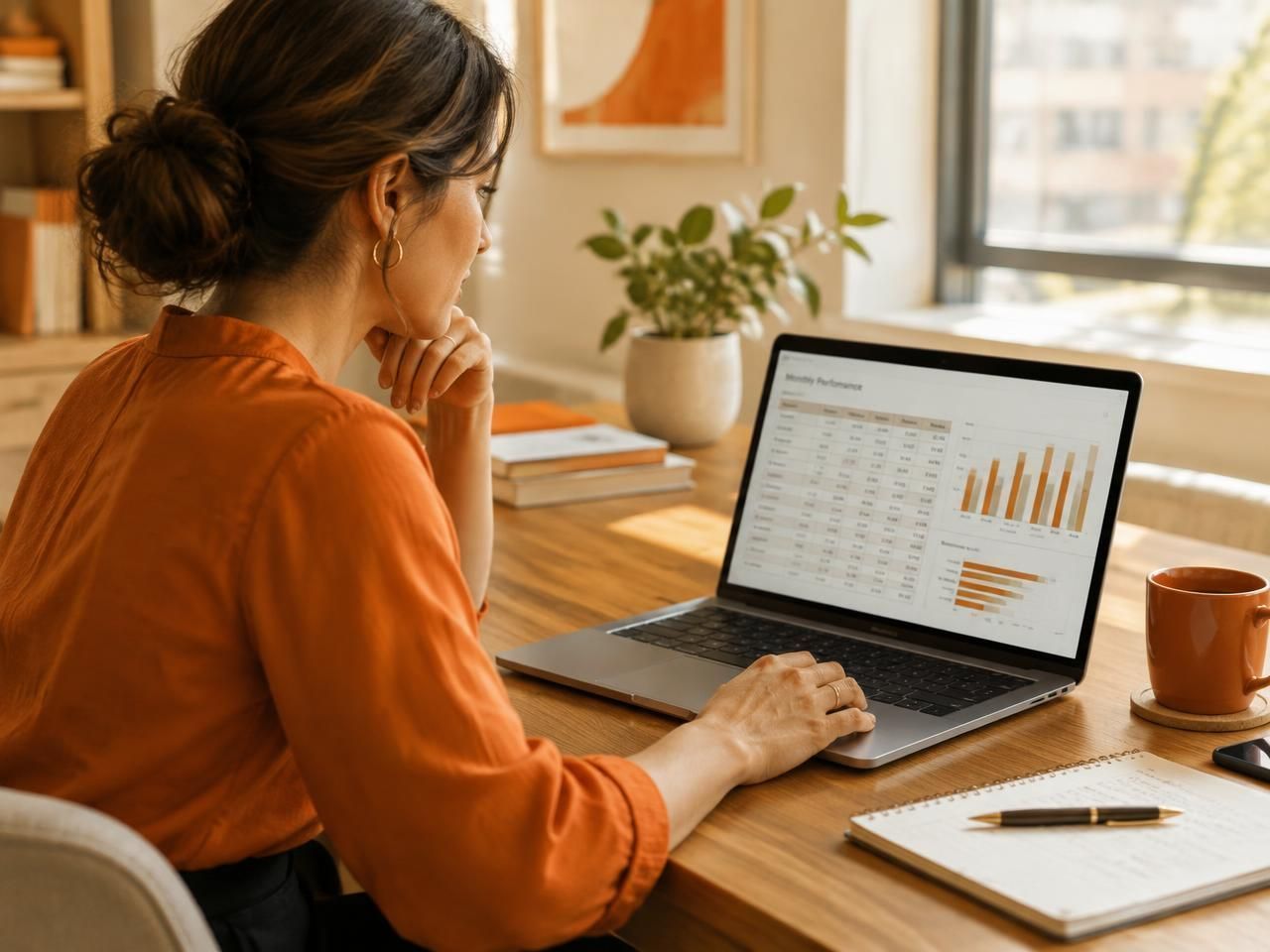 Professional analyzing monthly performance in a spreadsheet and chart on a laptop