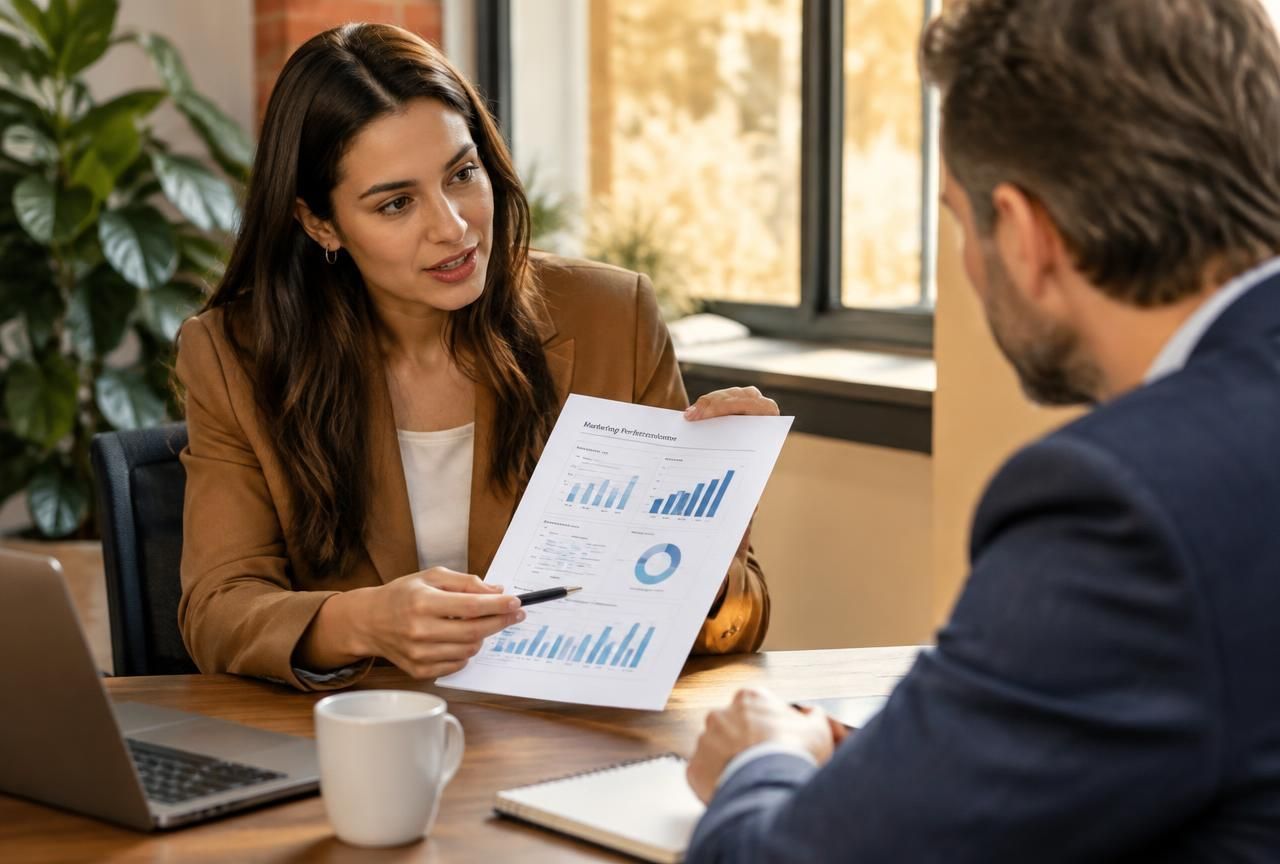 Professional presenting a printed performance report to a manager