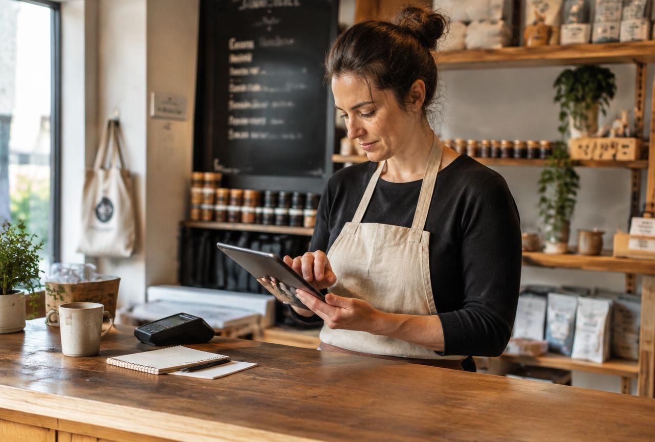Small business owner reviewing sales figures on a tablet at her shop counter