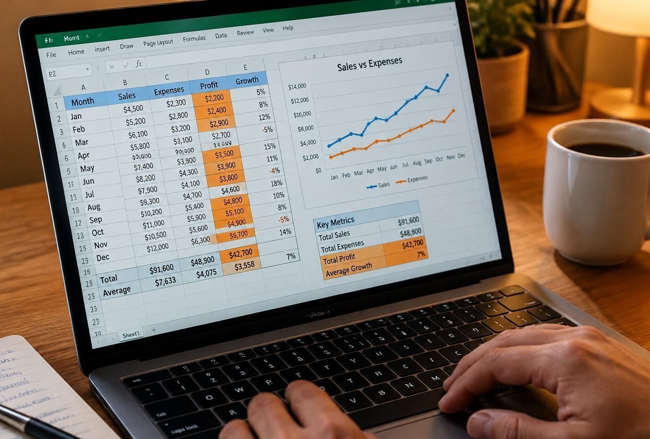 Laptop with a sales spreadsheet, highlighted profit cells and a sales versus expenses chart