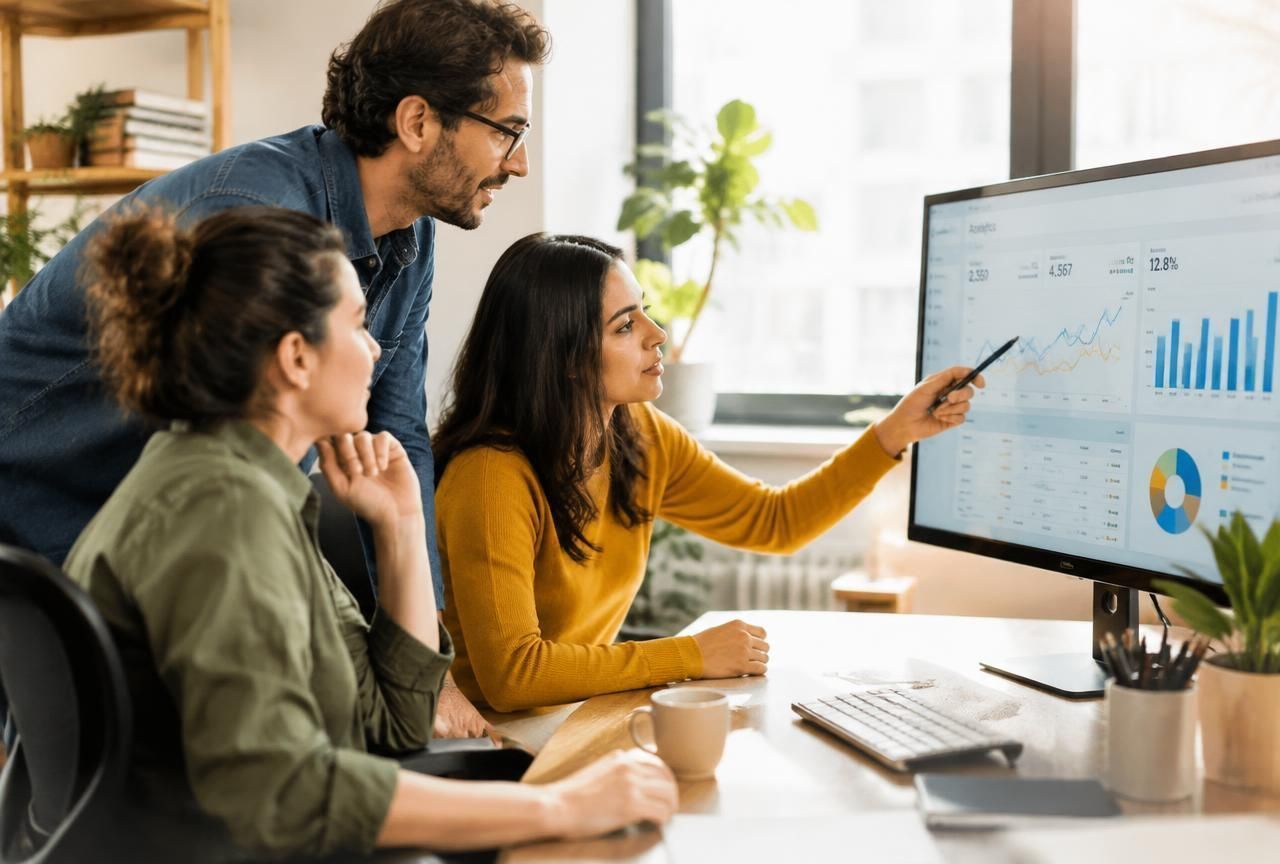 Colleagues discussing a dashboard displayed on a large monitor
